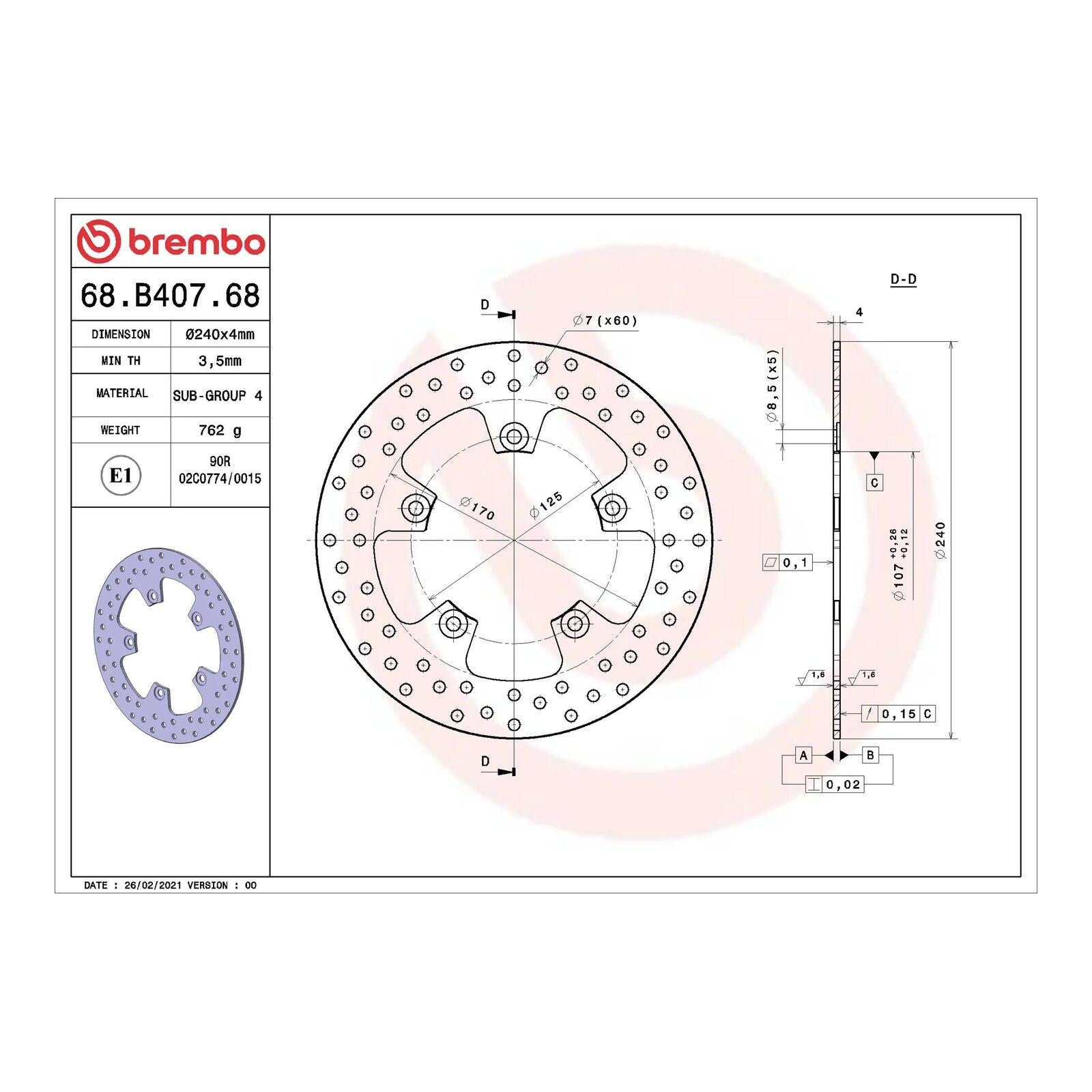Brembo Prime Brake Disc Serie Oro Rear 68B40768 - Image 2