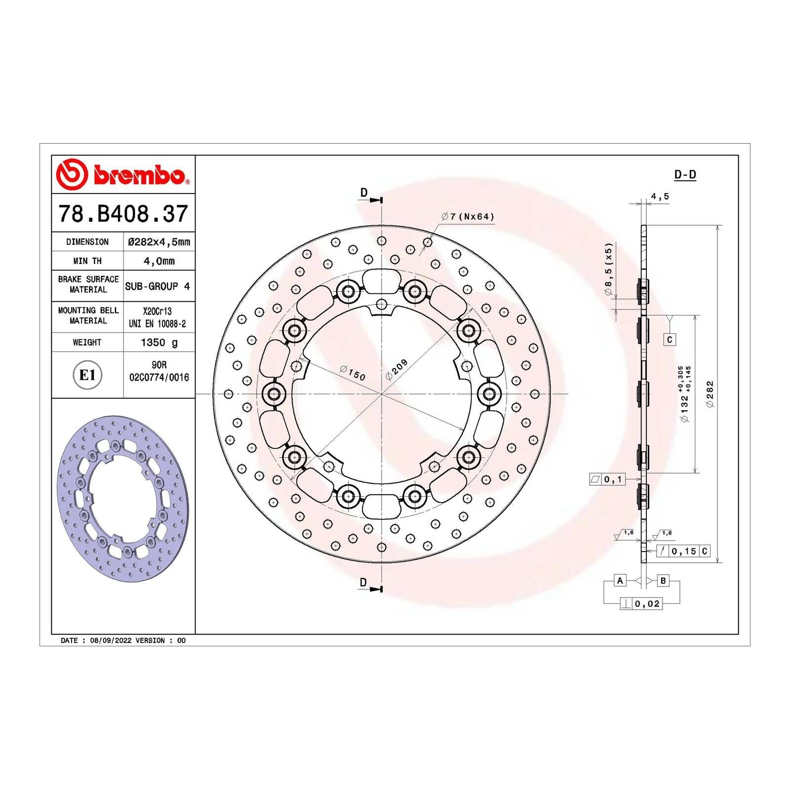 Brembo Prime Brake Disc Serie Oro Front 78B40837 - Image 2