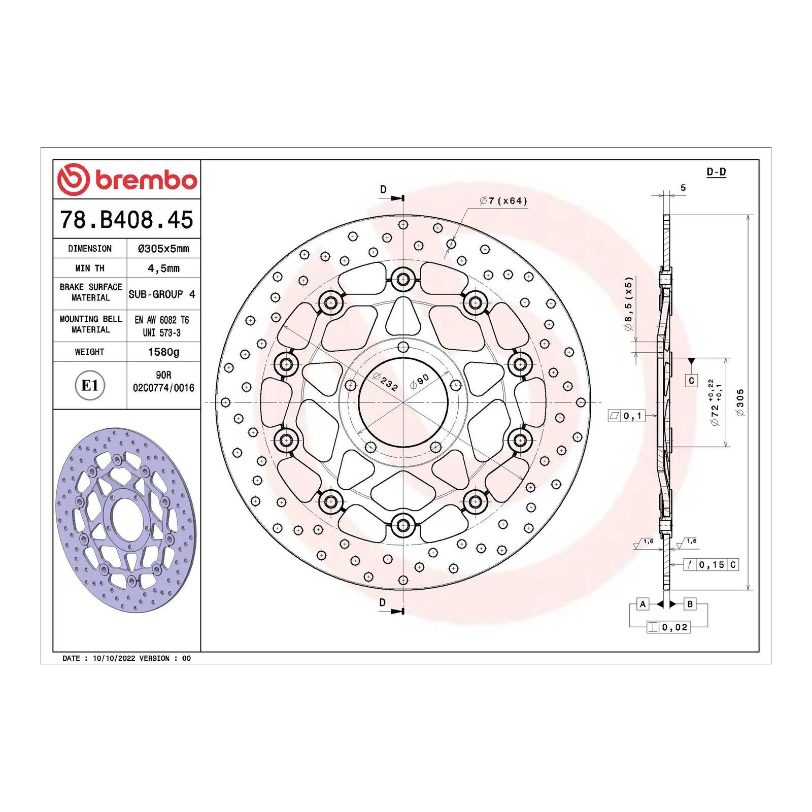 Brembo Prime Brake Disc Serie Oro Front 78B40845 - Image 2
