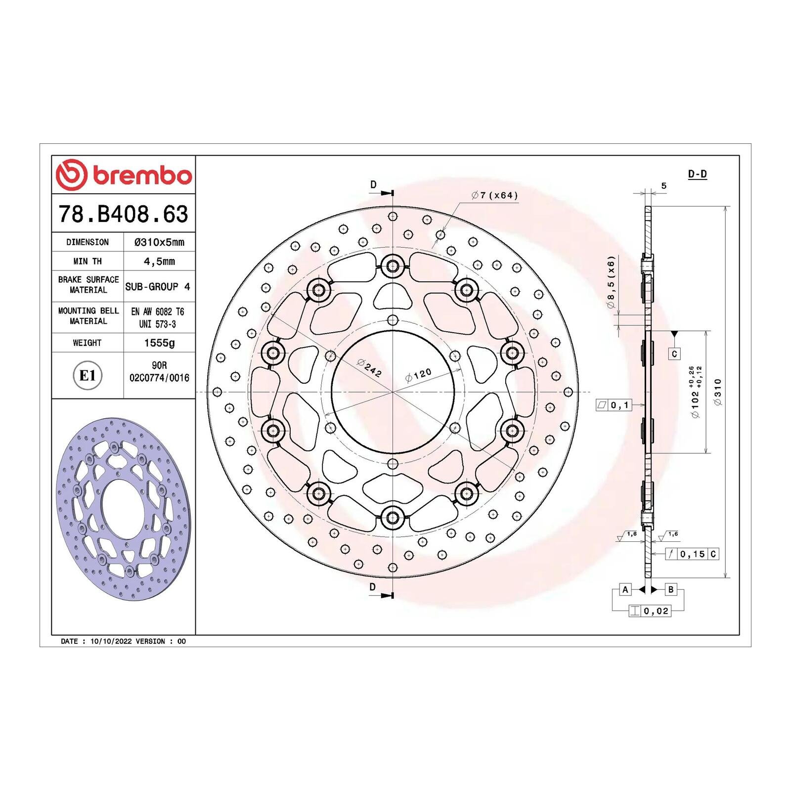 Brembo Prime Brake Disc Serie Oro Front 78B40863 - Image 2