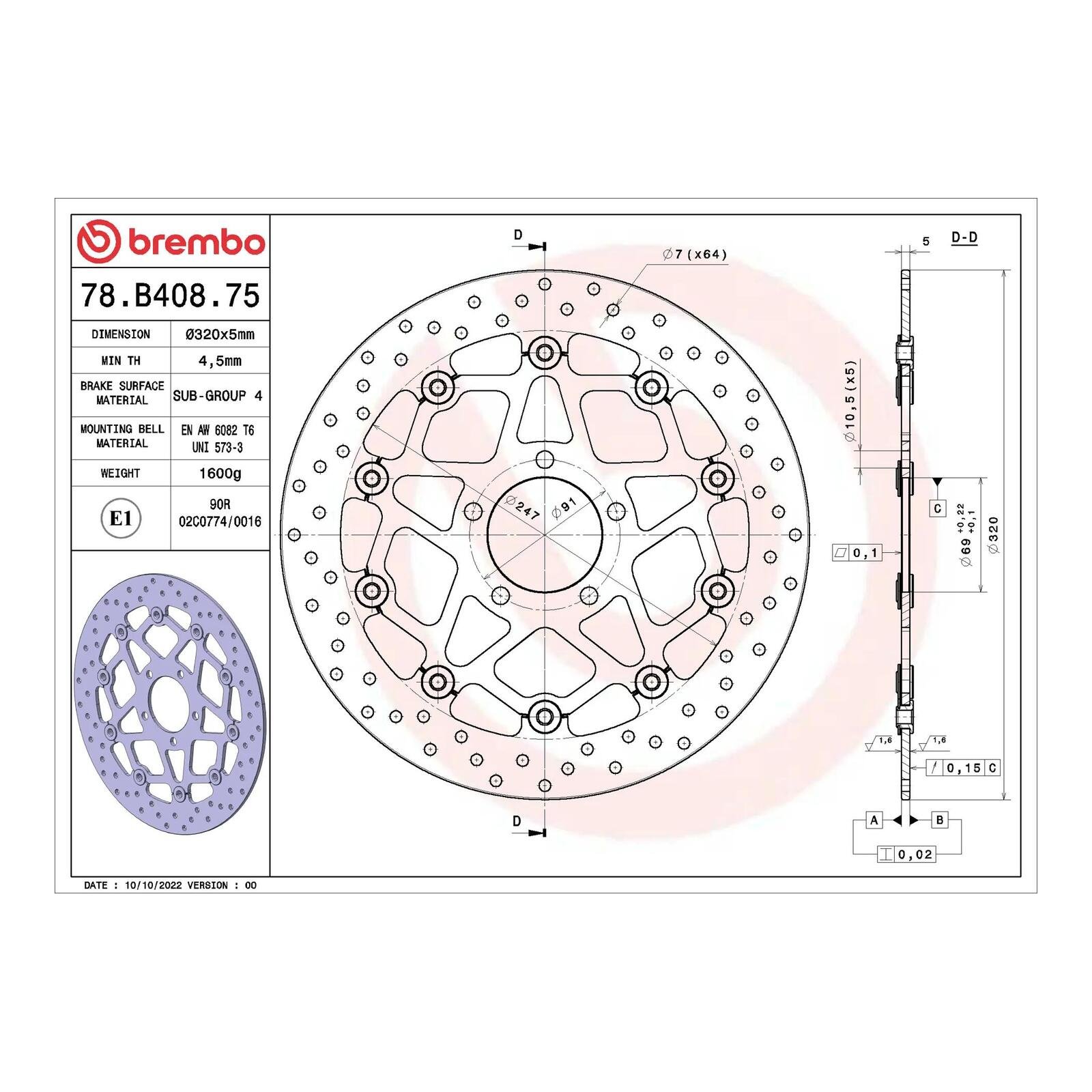 Brembo Prime Brake Disc Serie Oro Front 78B40875 - Image 2