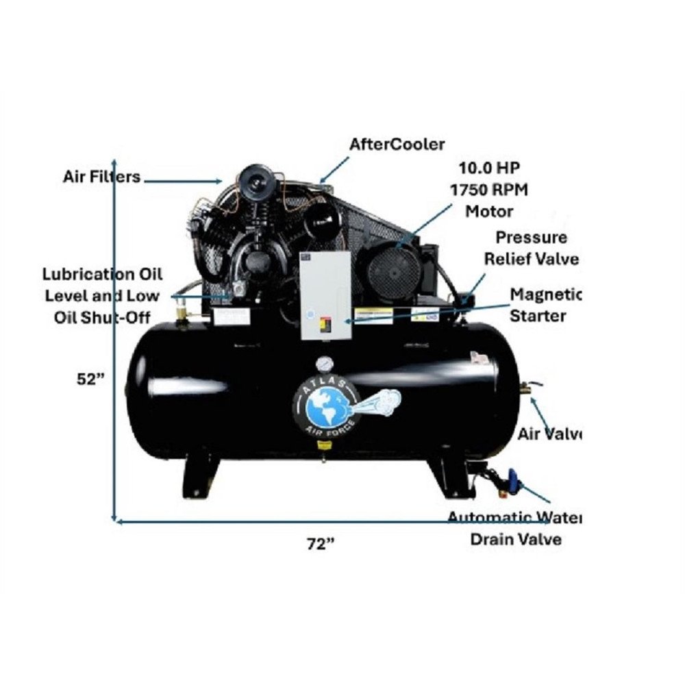 Atlas 10HP 3Phase 120 Gallon Horizontal Air Compressor - Image 2