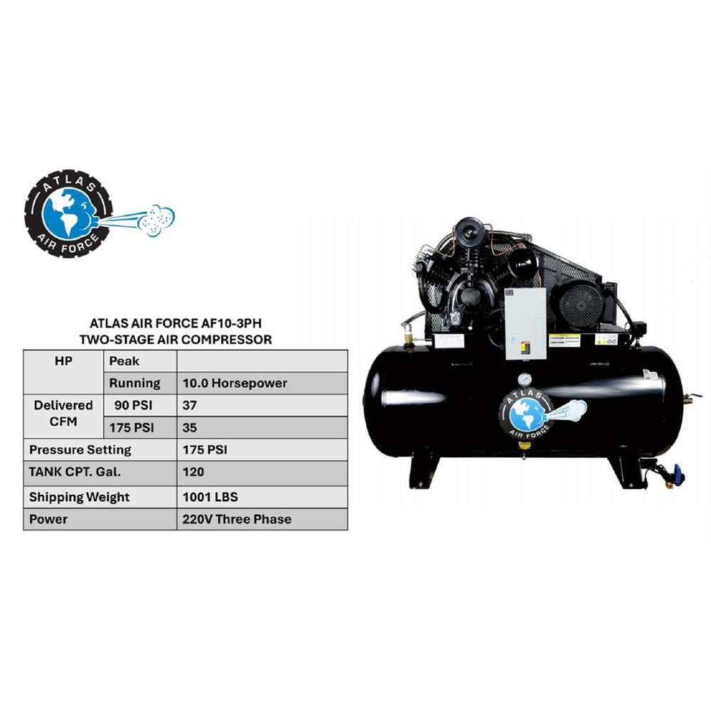 Atlas 10HP 3Phase 120 Gallon Horizontal Air Compressor - Image 4